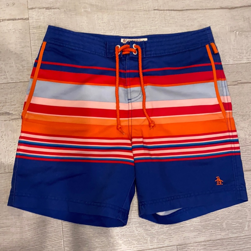 Penguin Blue striped swim trunks Size 28 fit loose